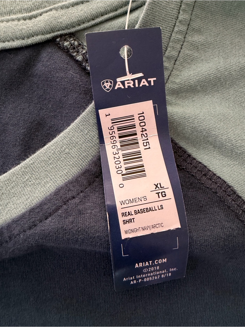 Ariat Womens Two-Tone Navy and Sage Long Sleeve Raglan Top - Picture 4 of 5